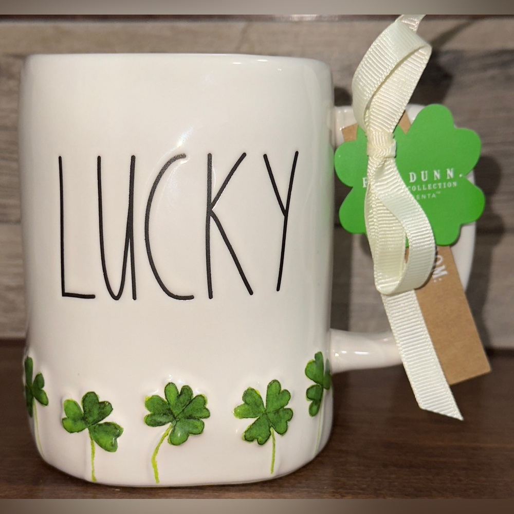 Super Cute Rae Dunn LUCKY  Mug With Embossed Green Clovers Shamrocks NEW